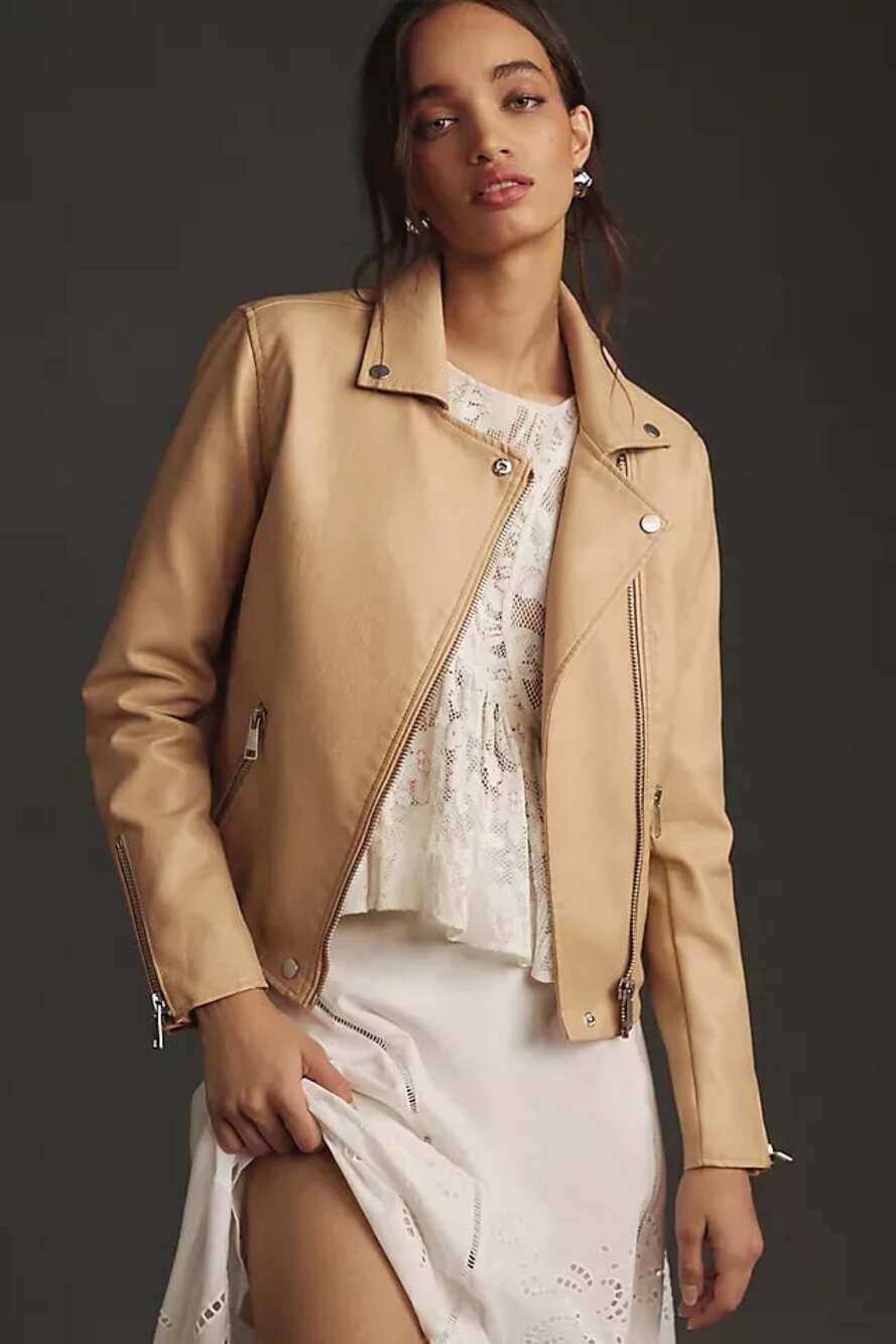 by Anthropologie Faux Leather Moto Jacket Beige Size L